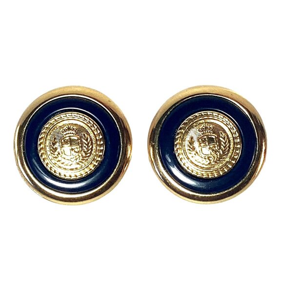 Liz Claiborne Jewelry - Vintage Signed Liz Claiborne Clip Earrings Gold Tone Enamel Logo Crown Shield